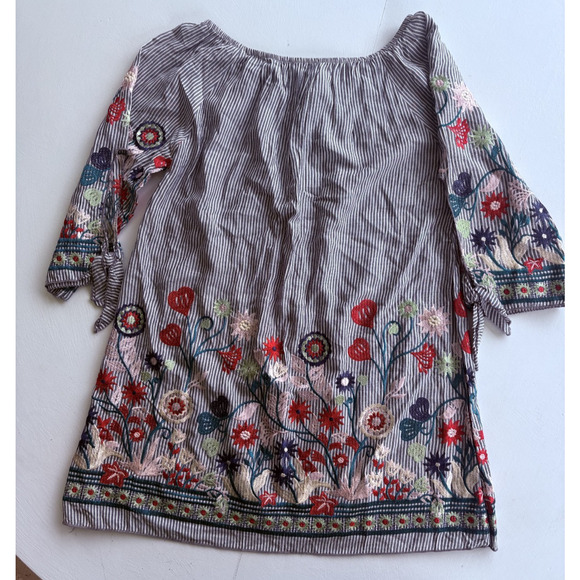 Lilypad Womens Grey Stripe Small Tunic Blouse Floral Embroidered Coastal Boho - Picture 1 of 6